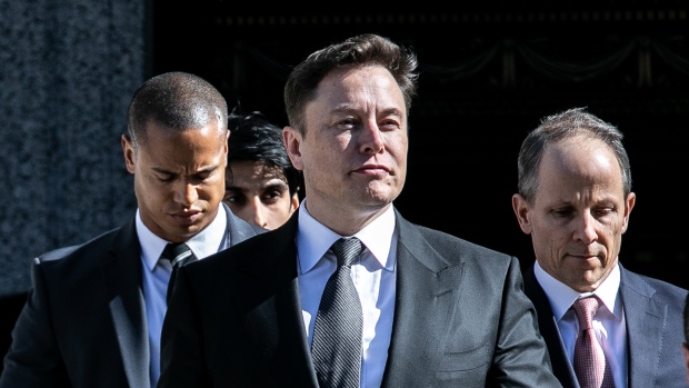 Elon Musk, chief executive officer of Tesla Inc., departs from federal court in New York, U.S., on Thursday, April 4, 2019. 