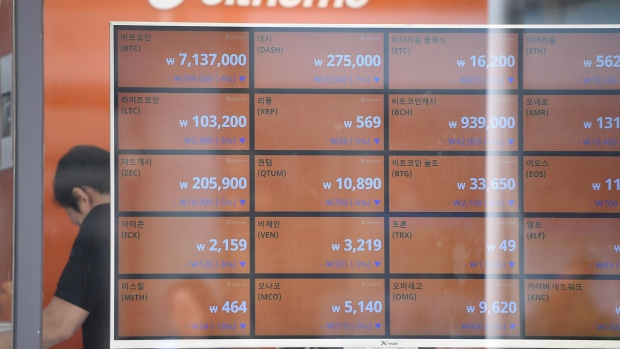 A man stands behind a screen showing exchange rates of cryptocurrencies at Bithumb virtual currency exchange in Seoul. 