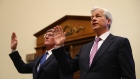 Jamie Dimon, chief executive officer of JPMorgan Chase & Co., right, and Michael Corbat, chief executive officer of Citigroup Inc., are sworn into a House Financial Services Committee hearing in Washington, D.C. on April 10, 2019. 