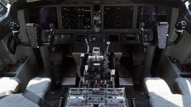 The cockpit of a grounded Lion Air Boeing Co. 737 Max 8 aircraft is seen at terminal 1 of Soekarno-Hatta International Airport in Cenkareng, Indonesia, on Tuesday, March 15, 2019. 