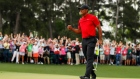AUGUSTA, GEORGIA - APRIL 14: Tiger Woods of the United States celebrates after sinking his putt on the 18th green to win during the final round of the Masters at Augusta National Golf Club on April 14, 2019 in Augusta, Georgia. (Photo by Kevin C. Cox/Getty Images) Photographer: Kevin C. Cox/Getty Images North America