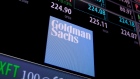 Goldman Sachs Group Inc. signage is displayed on a monitor on the floor of the New York Stock Exchange (NYSE) in New York, U.S., on Monday, May 1, 2017. U.S. stocks resumed pursuit of a record, while haven demand ebbed as optimism from earnings reports and a deal by Congress to avert a government shutdown offset fresh signs the world's largest economy had a sluggish start to the year. 
