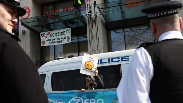 GETTY A activist protests in the doorway of the Shell Centre. Photographer: Dan Kitwood/Getty Images