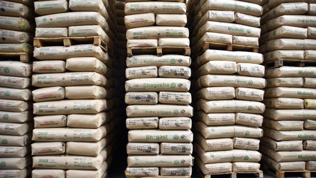 Sacks containing tea from Rwanda, Uganda and Kenya sit stacked on pallets at the Mitchell Cotts Ltd. storage warehouse in Mombasa, Kenya, on Tuesday, May 30, 2017. Kenya crop production has declined this year because of a drought that resulted in most areas of the country receiving less than three-quarters of the seasonal long-term average, according to the Kenya Meteorological Department. 