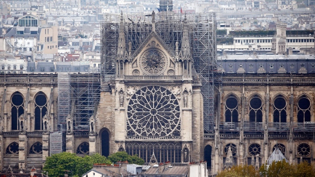 PARIS, FRANCE - APRIL 16: The cathedral of Notre-Dame de Paris is seen the day after the massive fire that ravaged its roof on April 16, 2019 in Paris, France. A fire broke out on Monday afternoon and quickly spread across the building, collapsing the spire. The cause is unknown but officials said it was possibly linked to ongoing renovation work. (Photo by Chesnot/Getty Images) 