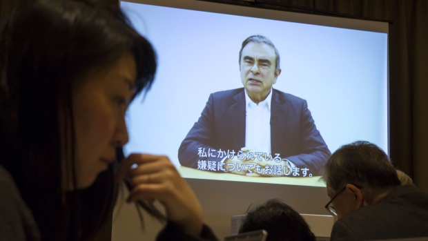TOKYO, JAPAN - APRIL 09: A video interview with Nissan Motor Co.'s former chairman Carlos Ghosn is displayed on a screen during a press conference at the Foreign Correspondents' Club of Japan (FCCJ) on April 9, 2019 in Tokyo, Japan. Ghosn, a veteran of the auto industry, was re-arrested in Tokyo last week on fresh allegations of financial misconduct as shareholders of Nissan voted on Monday to remove the company's former boss from its board. (Photo by Tomohiro Ohsumi/Getty Images)