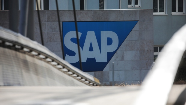 The SAP SE logo sits on a wall at the software company's headquarter campus building in Walldorf, Germany. 