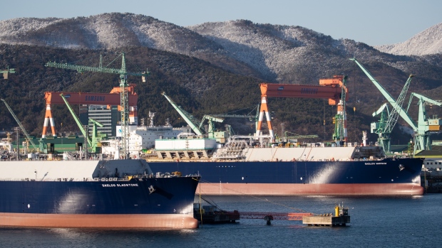 Ships sit under construction at the Samsung Heavy Industries Co. shipyard in Geoje, South Korea, on Friday, Feb. 1, 2019. Korea Development Bank (KDB) has contacted Samsung Heavy on whether it would be interested in Daewoo Shipbuilding & Marine Engineering Co. before the bank makes a definitive decision on its stake. Samsung Heavy will review KDB's proposal for Daewoo, the company said in a text message. 