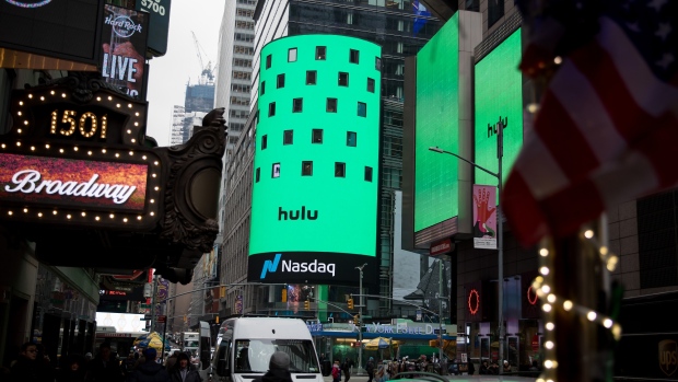 Hulu LLC signage is displayed at the Nasdaq MarketSite in New York, U.S.