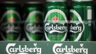 Cans of Carlsberg lager beer, produced by Carlsberg A/S, sit on display at a supermarket in London, U.K. 