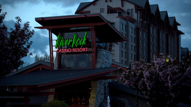 Signage is displayed outside of the River Rock Casino Resort in Richmond, British Columbia, Canada. 