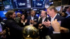 Garrett Camp, co-founder of Uber Technologies, from left, Stacey Cunningham, president of the NYSE Group, Tony West, chief legal officer of Uber, Dara Khosrowshahi, chief executive officer of Uber, and Ryan Graves, co-founder of Uber Technologies Inc., celebrate during the company's IPO on the floor of the New York Stock Exchange on Friday, May 10, 2019. 