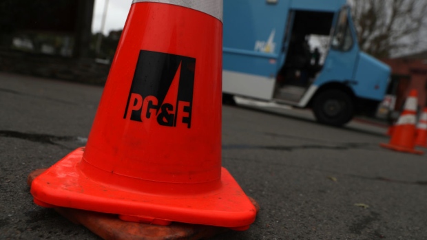 FAIRFAX, CALIFORNIA - JANUARY 17: A traffic cone sits next to a Pacific Gas & Electric (PG&E) truck on January 17, 2019 in Fairfax, California. PG&E announced that they are preparing to file for bankruptcy at the end of January as they face an estimated $30 billion in legal claims for electrical equipment that might have been responsible for igniting destructive wildfires in California. (Photo by Justin Sullivan/Getty Images) 