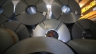 Rolls of steel sit in storage ahead of chassis part moulding inside the Volkswagen AG (VW) factory in Emden, Germany, on Friday, March 9, 2018. German carmaker VW will spend about 400 million euros ($495 million) to switch power plants at its Wolfsburg headquarters to gas from coal as it moves to slash carbon emissions in production. 
