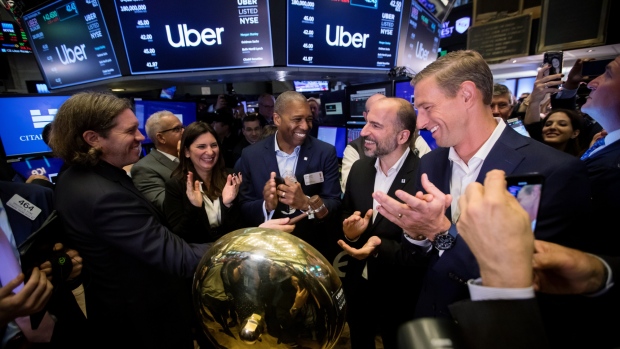 Uber's initial public offering on the floor of the New York Stock Exchange on May 10, 2019. 