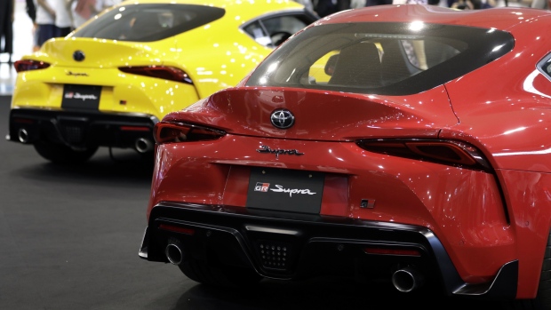 Toyota Motor Corp. GR Supra vehicles stand on display during a launch event at the Mega Web Toyota City Showcase showroom in Tokyo, Japan, on Friday, May 17, 2019. The fifth-generation Supra ends the 17-year hiatus since the end of the production of the previous generation, according to the company. 