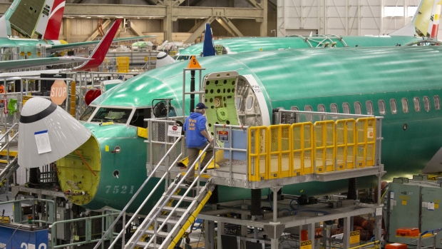 A Boeing Co. 737 Max airplane sits on the production line at the company's manufacturing facility in Renton, Washington, U.S., on Wednesday, March 27, 2019. Boeing said it was agonizingly close to a software fix for its 737 Max jetliner when an Ethiopian Airlines jet plunged to the ground March 10, the second deadly crash in less than five months. 