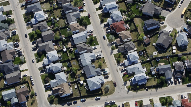 Homes stand in this aerial photograph. 