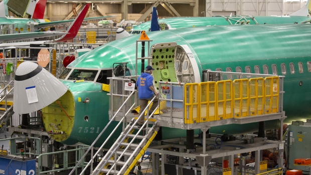 A Boeing Co. 737 Max airplane sits on the production line at the company's manufacturing facility in Renton, Washington. 