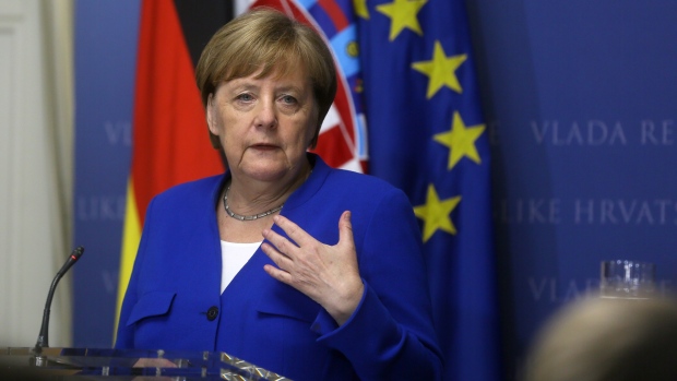 Angela Merkel, Germany's chancellor, speaks at a joint news conference with Andrej Plenkovic, Croatia's prime minister, not pictured, during an EPP European election campaign event in Zagreb, Croatia, on Saturday, May 18, 2019. The stakes are high for this year's elections to the European Parliament, with widespread predictions that a growing chorus of populists will see historic gains at the expense of establishment parties. Photographer: Oliver Bunic/Bloomberg