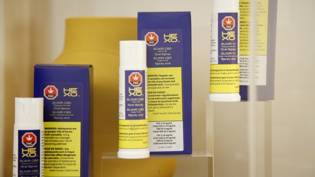 Hexo Corp. CBD oral spray sits on display during a media preview event at the HOBO Recreational Cannabis Store in Ottawa, Ontario, Canada, on Monday, April 1, 2019. Canada's most populous province will finally open its first pot shops, nearly six months after legalization. Only 10 stores in Ontario had received the necessary licenses to open on April 1. 