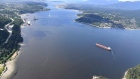 A aerial view of a tanker in Burrard Inlet in Burnaby, B.C., is shown on Tuesday, May 29, 2018. 