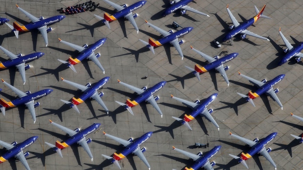 A number of Southwest Airlines Boeing 737 MAX aircraft are parked at Southern California Logistics Airport on March 27, 2019 in Victorville, California. 