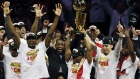 OAKLAND, CALIFORNIA - JUNE 13: Kawhi Leonard #2 of the Toronto Raptors celebrates with the Larry O'Brien Championship Trophy after his team defeated the Golden State Warriors to win Game Six of the 2019 NBA Finals at ORACLE Arena on June 13, 2019 in Oakland, California. NOTE TO USER: User expressly acknowledges and agrees that, by downloading and or using this photograph, User is consenting to the terms and conditions of the Getty Images License Agreement. (Photo by Lachlan Cunningham/Getty Images)