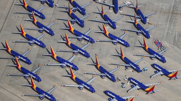 Southwest Airlines Boeing 737 MAX aircraft parked at Southern California Logistics Airport on March 27, in Victorville.