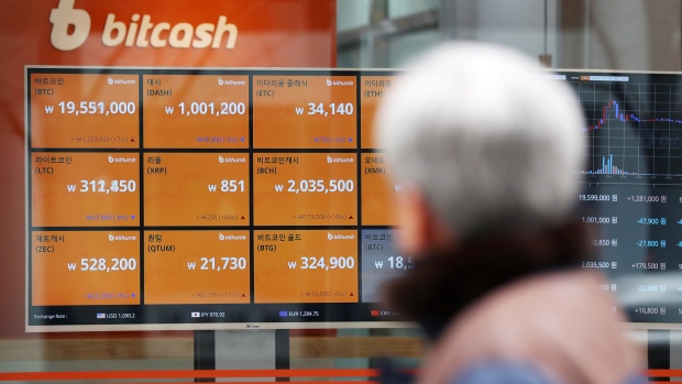 A pedestrian looks at a monitor showing the prices of virtual currencies at the Bithumb exchange office in Seoul, South Korea. 