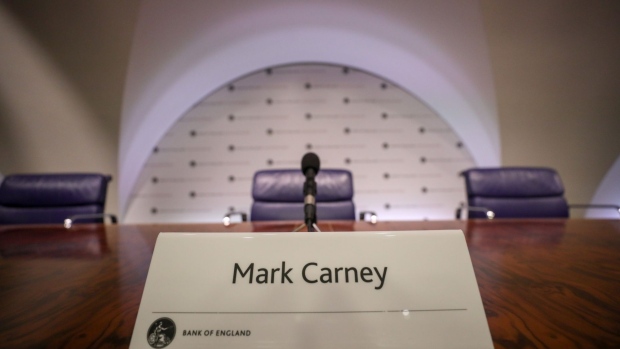 An empty chair sits ahead of the arrival of Mark Carney, governor of the Bank of England (BOE), for the bank's quarterly inflation report news conference in the City of London, U.K., on Thursday, May 2, 2019. The BOE signaled that the market is slightly underpricing the outlook for interest-rate increases over the next three years as long as Brexit goes smoothly. 