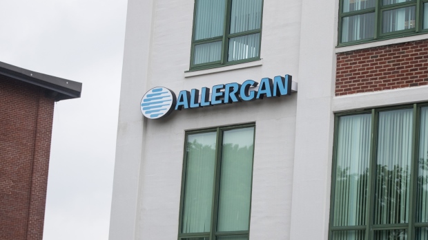 Signage is displayed outside an Allergan Plc office in Medford, Massachusetts, U.S., on Tuesday, June 25, 2019. AbbVie Inc.'s 15% drop after announcing a deal to pay $63 billion for Botox maker Allergan Plc may bring on deja vu for some investors who are still feeling the burn from the drugmaker's last deal blowup. 