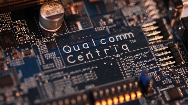 Qualcomm Centriq branding sits on a motherboard on display at the Qualcomm Inc. stand during day two of the Mobile World Congress (MWC) in Barcelona, Spain, on Tuesday, Feb. 27, 2018. 