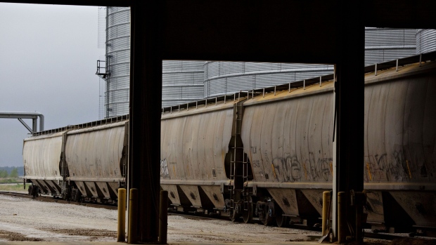 Grain rail cars sit on tracks at the POET LLC ethanol biorefinery in Gowrie, Iowa, U.S., on Friday, May 17, 2019. Stockpiles of U.S. corn ethanol sank to the smallest since July even as production of the biofuel climbed, Department of Energy data showed on Wednesday. 