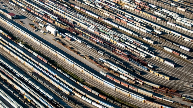 Freight trains and oil tankers sit in a rail yard in this aerial photograph taken above Toronto, Ontario, Canada, on Monday, Oct. 2, 2017. Canada's trade picture continued to deteriorate in August as exports dropped for a third straight month and the deficit unexpectedly widened. 