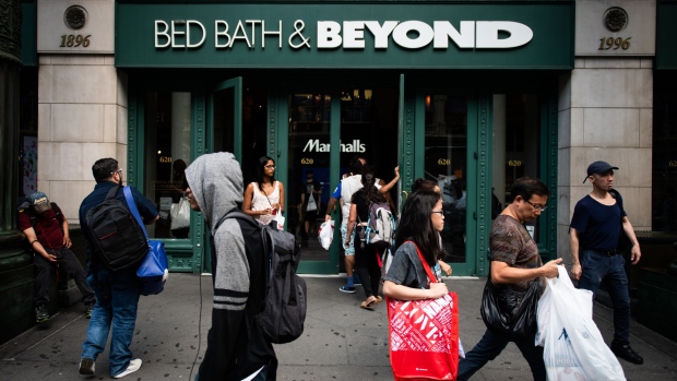 Shoppers enter a building housing a Bed Bath & Beyond Inc. store in New York, U.S., on Wednesday, July 3, 2019. Bed Bath & Beyond is scheduled to release earnings figures on July 10. 