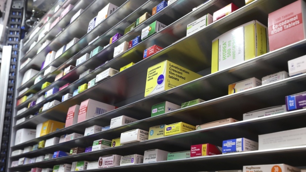Packets of prescription medications sit on the shelves of the storage cabinet inside the robotic vending machine, built by Germany's Gollmann Kommissioniersysteme GmbH, at Hodgson Pharmacy in Longfield, Kent, U.K., on Tuesday, Feb. 5, 2019. Novo Nordisk A/S, the world’s biggest maker of insulin has reserved space on airplanes and is planning to boost stockpiles further to ensure diabetes patients in the U.K. don’t run out of the life-saving medicine in the event of no-deal Brexit. 
