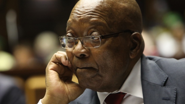 Former South African President Jacob Zuma looks on in the High Court in Pietermaritzburg, on May 20, 2019 during his trial for aledged corruption. Photographer: Jackie Clausen/AFP/Getty Images
