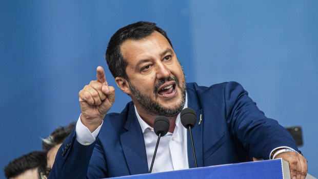 Matteo Salvini, Italy's deputy prime minister, speaks during a League Party campaign rally with European nationalists ahead of European Parliamentary elections, in Milan, Italy, on Saturday, May 18, 2019. Salvini wants to turn into a show of strength for Europe's army of nationalist leaders trying to upend the continent's politics. 