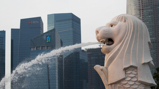 The Merlion statue stands at the Marina Bay waterfront as commercial buildings stand in the central business district in Singapore, on Sunday, June 10, 2018. U.S. President Donald Trump and North Korean leader Kim Jong Un will hold their historic Singapore summit at the Capella Hotel on the city-states Sentosa Island on June 12. 