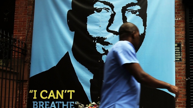 A memorial for Eric Garner, is viewed outside of filmmaker's Spike Lee's 40 Acres offices on August 15, 2014 in the Brooklyn borough of New York City.