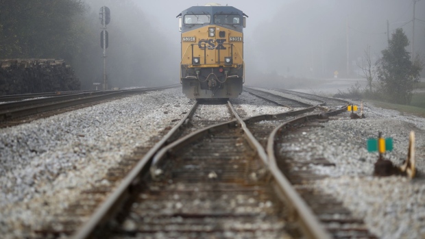 A CSX Corp. freight train sits parked in Worthville, Kentucky, U.S. 
