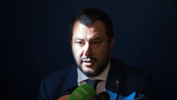 Matteo Salvini, Italy's deputy prime minister, speaks during a news conference with Marine Le Pen, leader of the French nationalist National Rally party, not pictured, at the "Economic Growth And Social Prospects In A Europe Of Nations" event in Rome, Italy. 