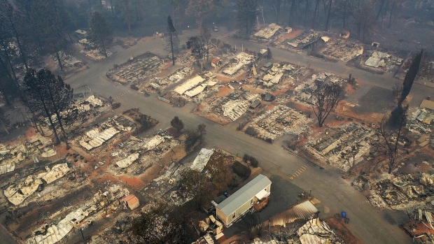 A neighborhood destroyed by the Camp Fire in Paradise, California on November 15, 2018. Photographer: Justin Sullivan/Getty Images