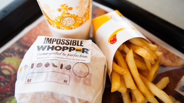 An ‘Impossible Whopper’ sits on a table at a Burger King restaurant.