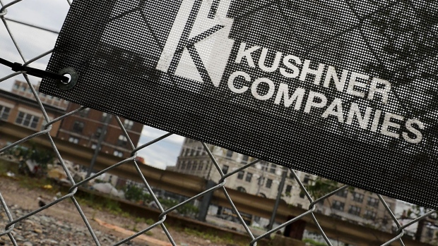 The Kushner family name is displayed on advertising at the One Journal Square project in Jersey City on May 9, 2017 in Jersey City, New Jersey. 