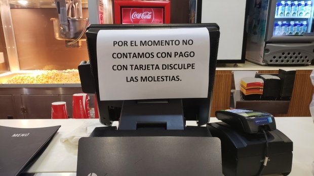 A cash register is unable to process card payments at a Cinemex theater in Mexico City. Photographer: Carlos Manuel Rodriguez/Bloomberg 