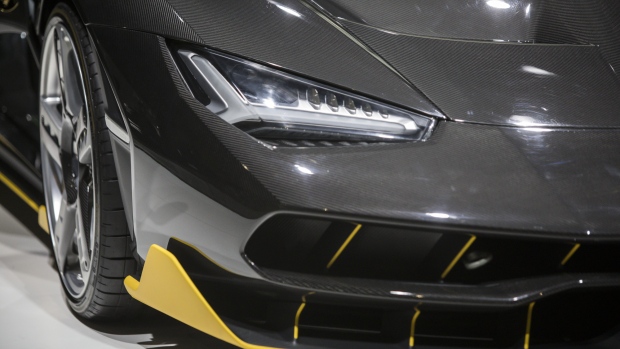 A headlight of a Lamborghini Centenario automobile, manufactured by Automobili Lamborghini SpA. 