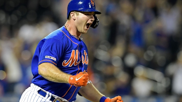 Pete Alonso of the Mets celebrates his seventh inning game-winning home run against the Miami Marlins on Aug. 05, 2019.