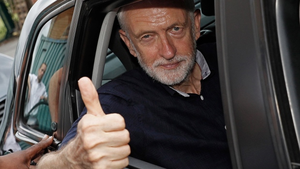 MANCHESTER, ENGLAND - JULY 26: Labour leader Jeremy Corbyn gestures as he leaves a rally after outlining plans for Labour's green industrial revolution in the North on July 26, 2019 in Manchester, England. (Photo by Darren Staples/Getty Images)